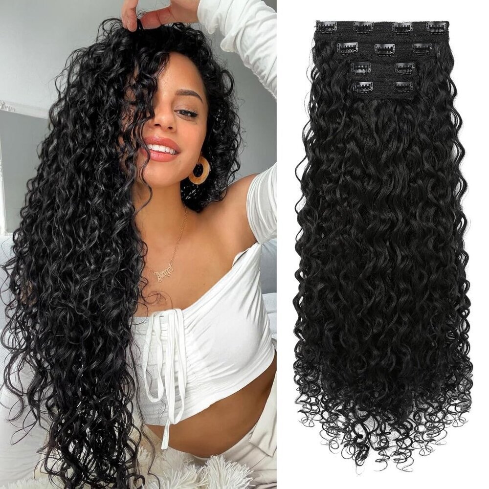 4PC Curly Hair Extensions Protein Silk 26 Inch Natural Black Clip-In